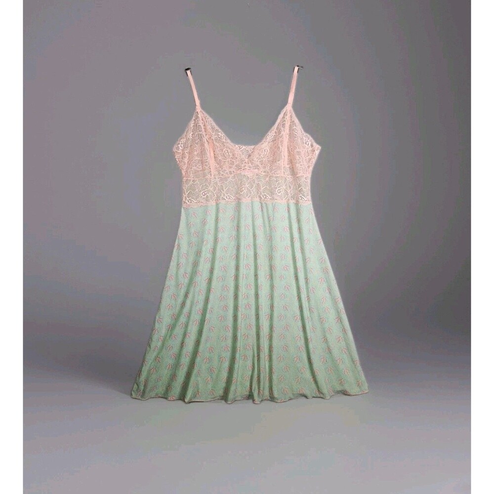 Samantha Chang Lace Chemise Nightgown L Mint Pink Floral Mesh Babydoll Slip Y2k